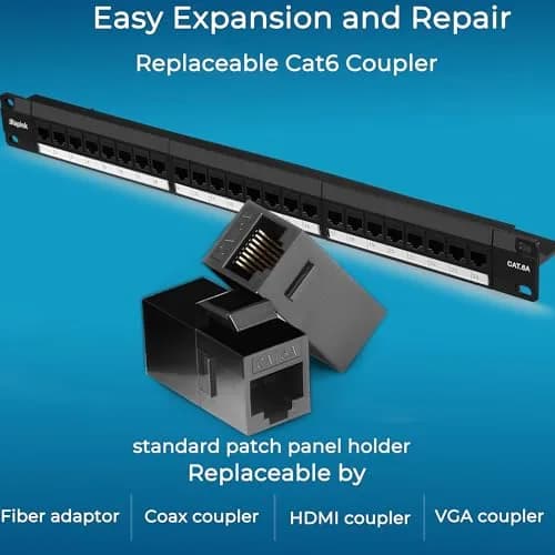 Rapink Patch Panel 24 Port Cat6A 10G Support | Toolless, Pass-Thru, Gold Pins, Removable Back Bar thumbnail 3