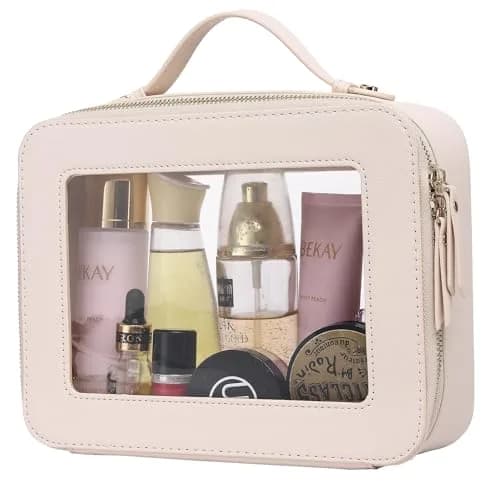 Pinkmik Clear Makeup Bag Large Beige | TSA Compliant Travel Toiletry Bag with Zipper thumbnail 1