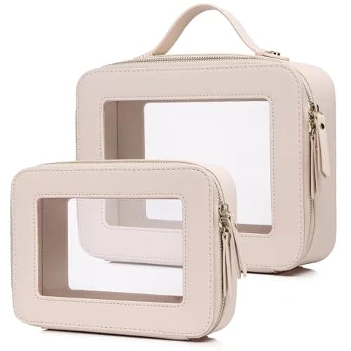 Pinkmik Clear Makeup Bag Set, Medium & Large Beige | TSA Approved & Waterproof Travel Cosmetic Case thumbnail 1