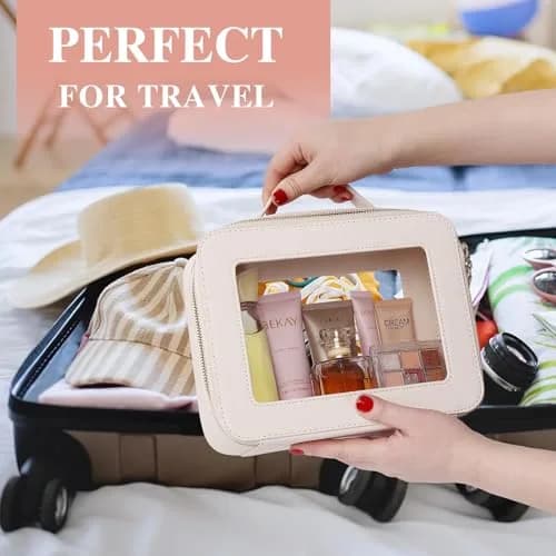 Pinkmik Clear Makeup Bag Set, Medium & Large Beige | TSA Approved & Waterproof Travel Cosmetic Case thumbnail 3