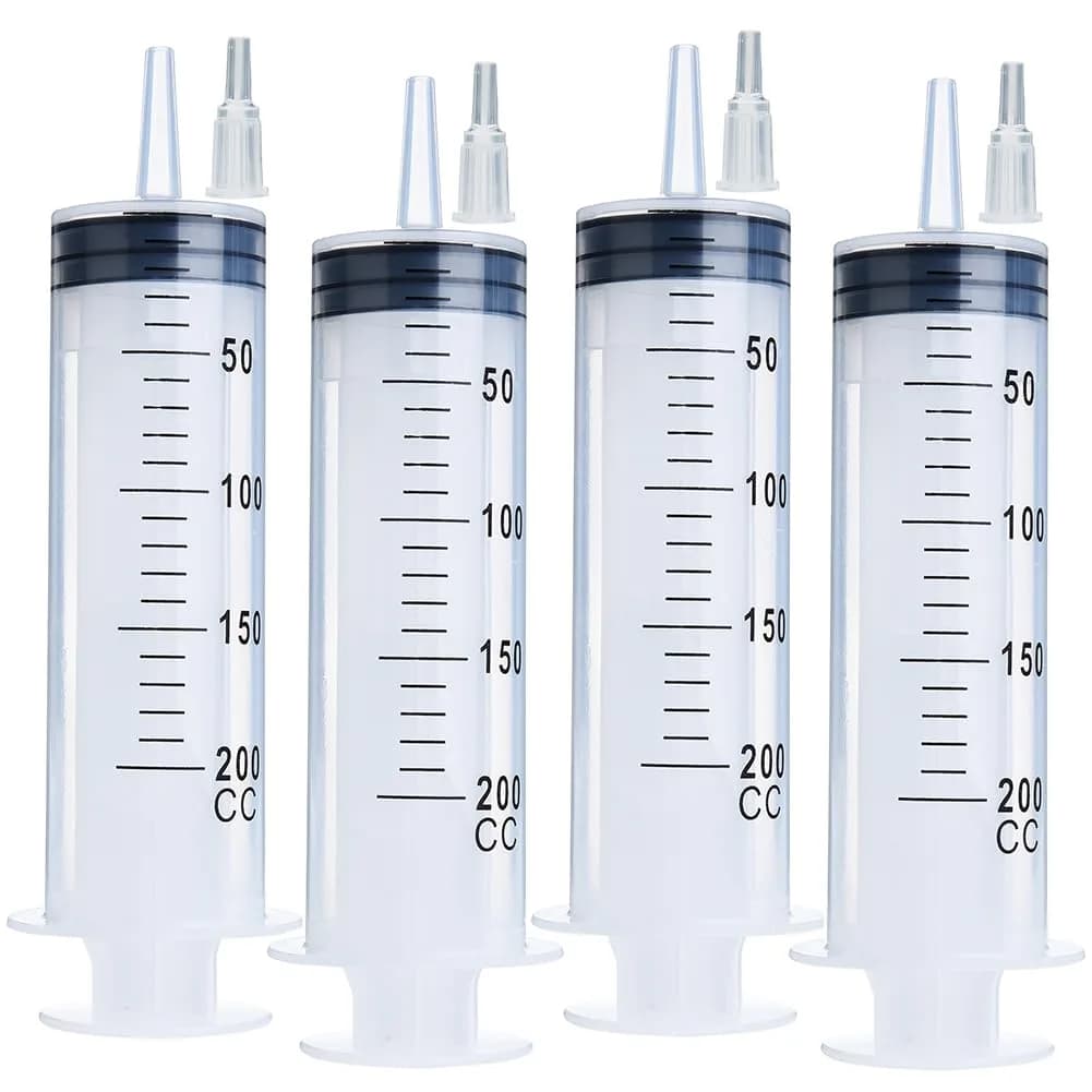 A AKRAF 150ml Syringe with Tip Adapter | Industrial Lab & Garden Use, 4 Pack, Large Plastic Syringes for Scientific & Watering Tasks — syringes only / 200ml