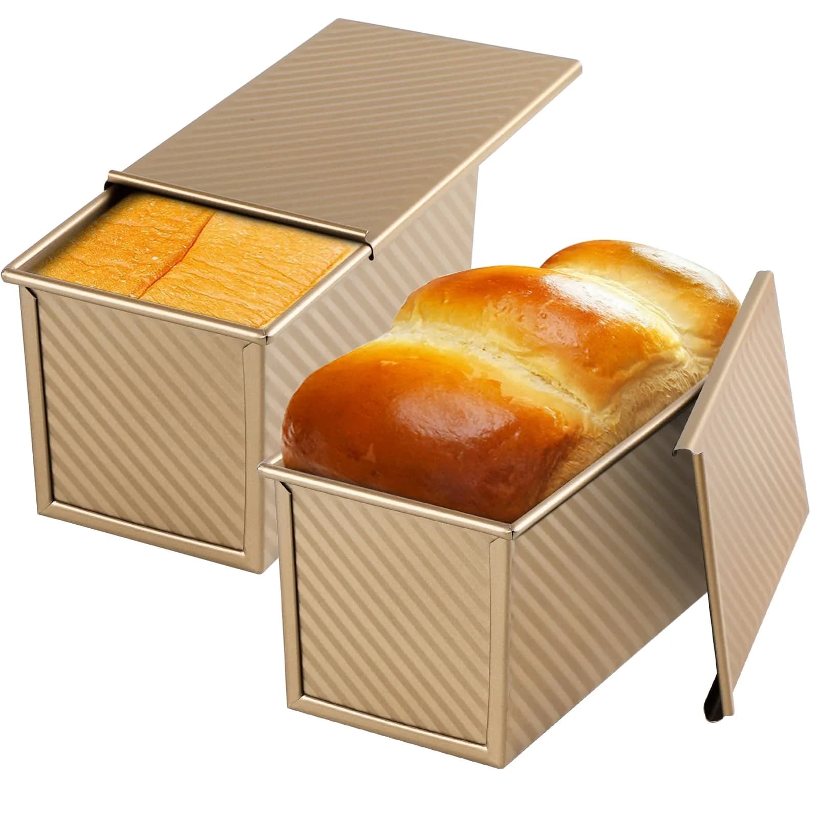 Beasea Pullman Loaf Pan with Lid, 2 Pack 1 lb | Non-Stick Carbon Steel Bakeware for Homemade Bread — Gold / 1lb 2pcs