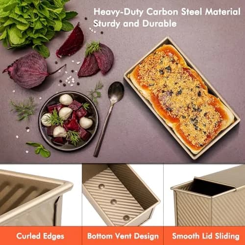 Beasea Pullman Loaf Pan 2 Pack 1 lb | Non-Stick Carbon Steel Bakeware with Lid thumbnail 4