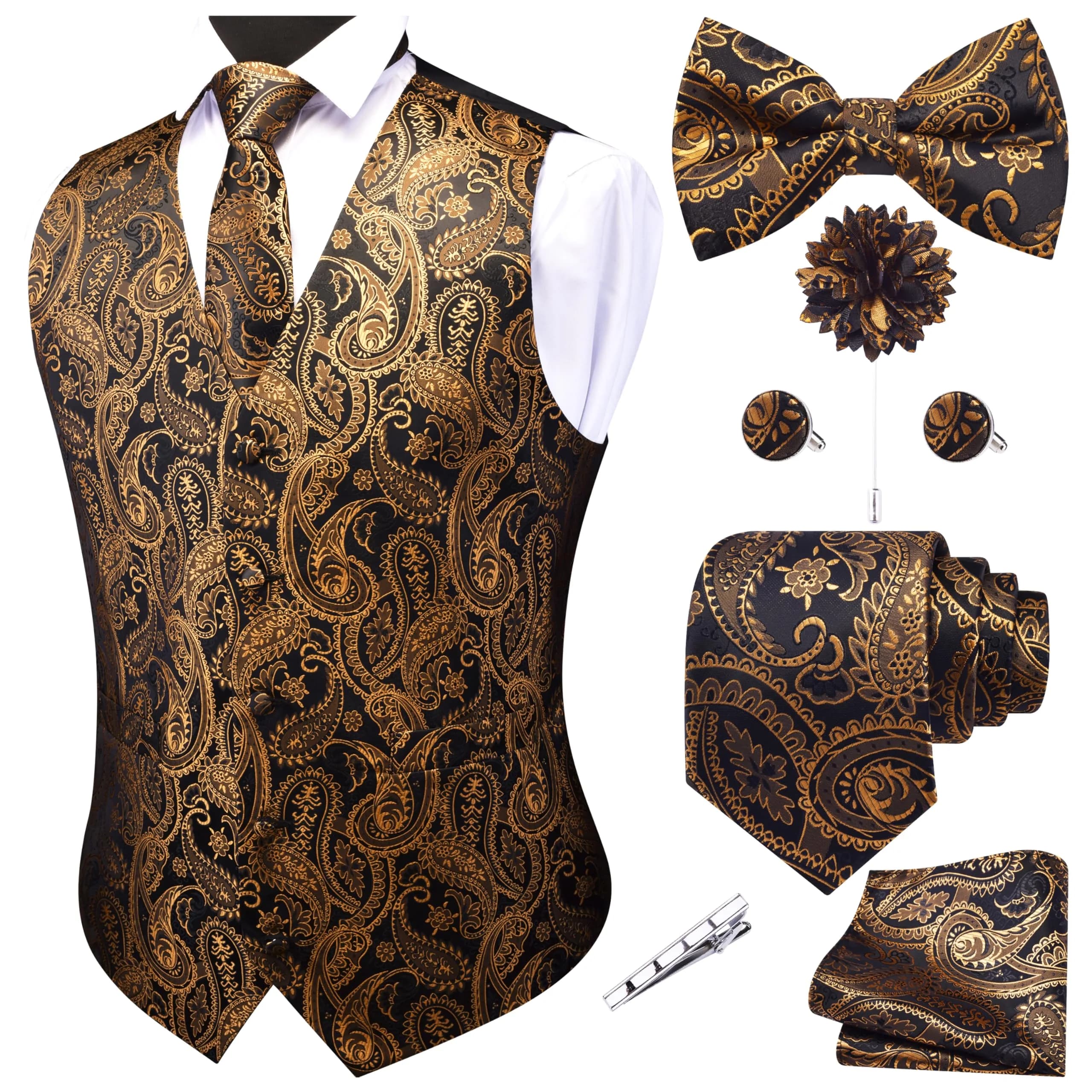 GUSLESON Mens Black Gold Paisley Suit Vest Tie and Bow Tie Set Silk Floral Waistcoat Necktie and Pocket Square Lapel Pin Set (3XL) - main product image