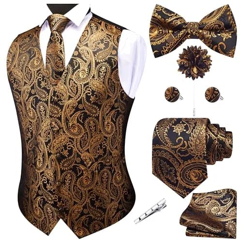 GUSLESON Mens Black Gold Paisley Suit Vest Tie and Bow Tie Set Silk Floral Waistcoat Necktie and Pocket Square Lapel Pin Set (3XL) thumbnail 1