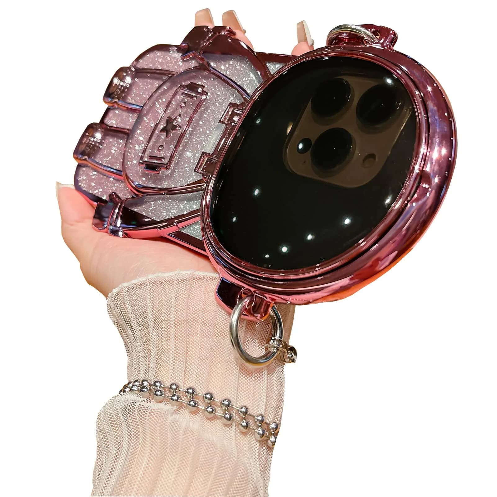 QoKcoahn Astronaut Hidden Stand Phone Case for iPhone 15 Pro Max | Luxury Glitter Bling with Mirror Chain — F Pink / iPhone 15 Plus