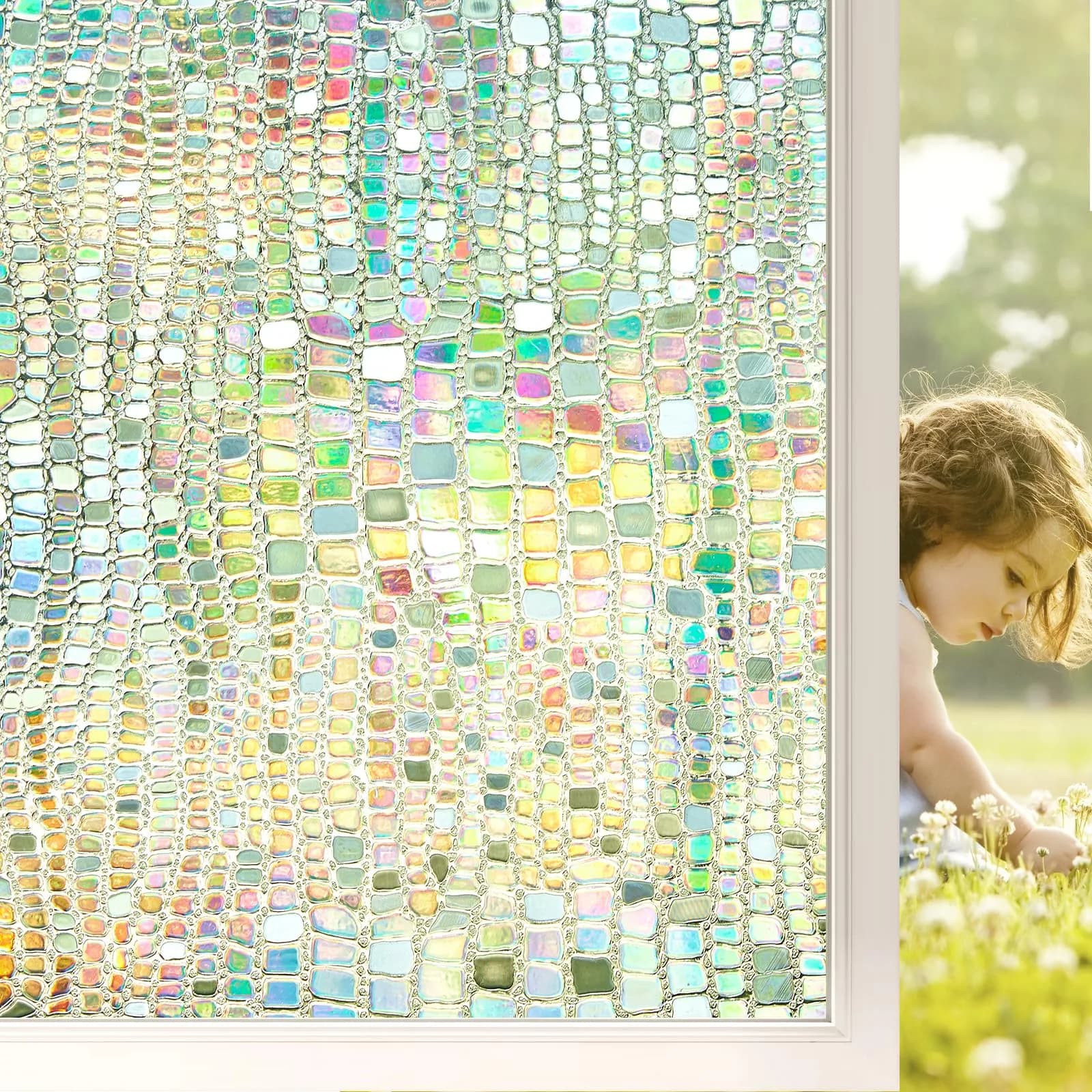 Beautysaid Window Privacy Film Stained Glass 3D Rainbow (Pure, 23.6x394in) | UV & Privacy Protection with Easy Reapplication - main product image