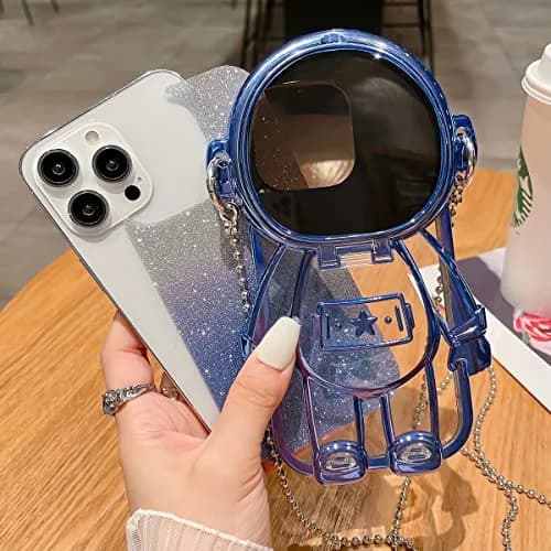 QoKcoahn Astronaut Hidden Stand Phone Case for iPhone 15 Pro Max | Luxury Glitter Bling with Mirror Chain thumbnail 4