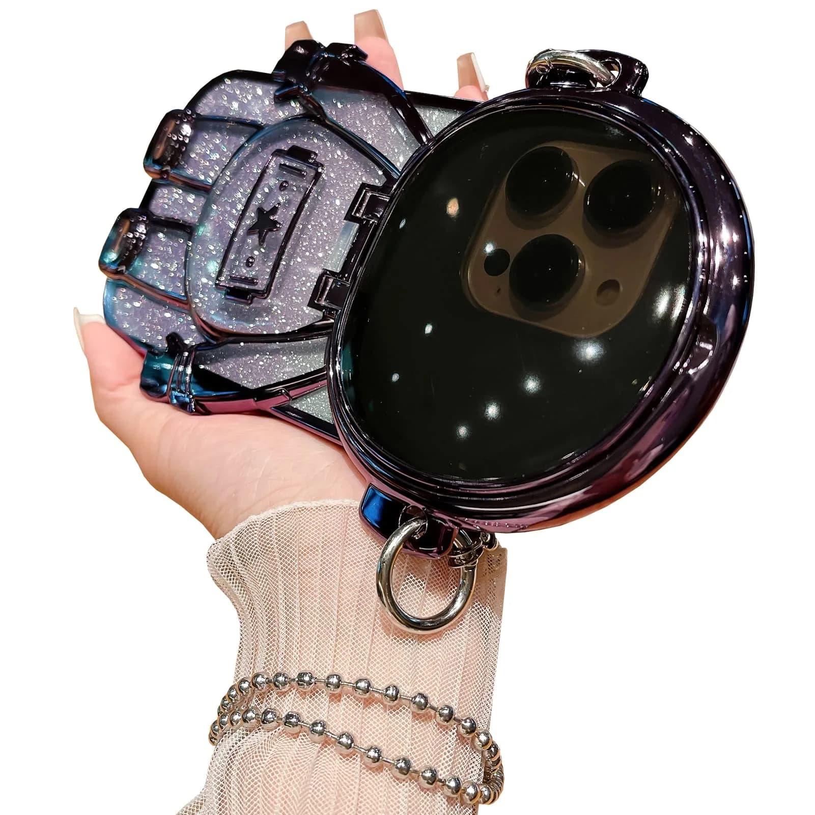 QoKcoahn Astronaut Hidden Stand Phone Case for iPhone 15 Pro Max | Luxury Glitter Bling with Mirror Chain