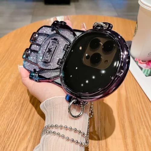 QoKcoahn Astronaut Hidden Stand Phone Case for iPhone 15 Pro Max | Luxury Glitter Bling with Mirror Chain thumbnail 2