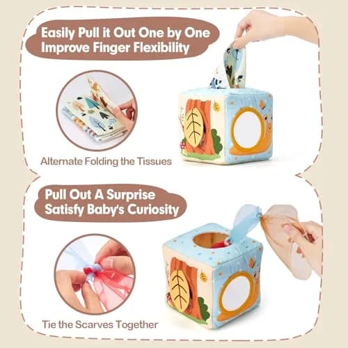 hahaland Montessori Tissue Box Toy | Sensory Pulling Play Scarf Soft Box, Crinkle Paper, Mirror, Tag for Babies Boy Girl Gifts Must Haves 1 Year Old Birthday Gift thumbnail 3