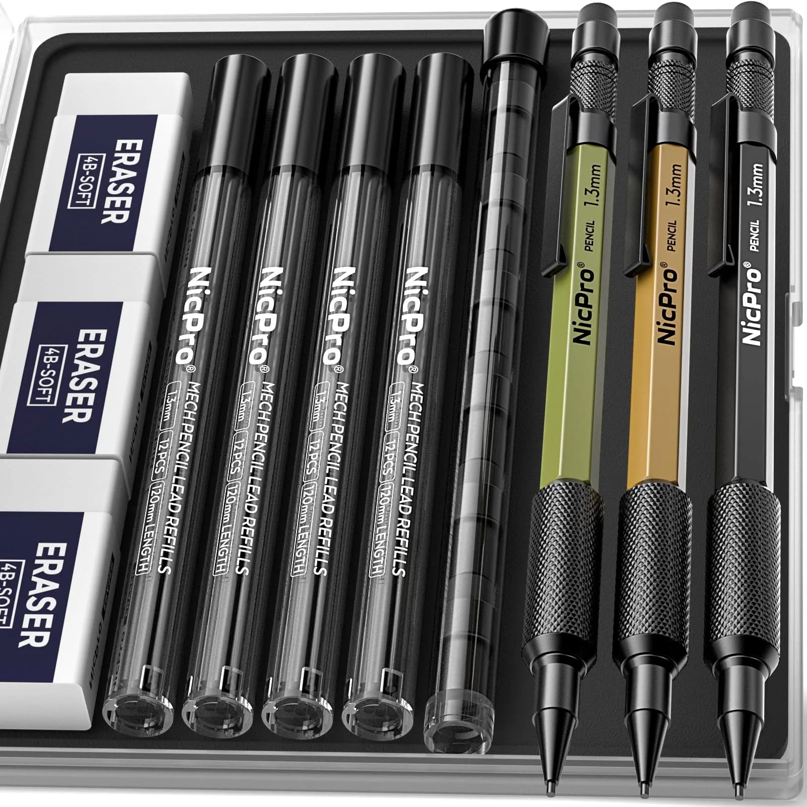 Nicpro 1.3mm Mechanical Pencils Set with 48 Lead Refills & 3 Erasers | 3-Pack (Black, Yellow, Red) | 0.21 kg (7.8 oz) — Multicolor