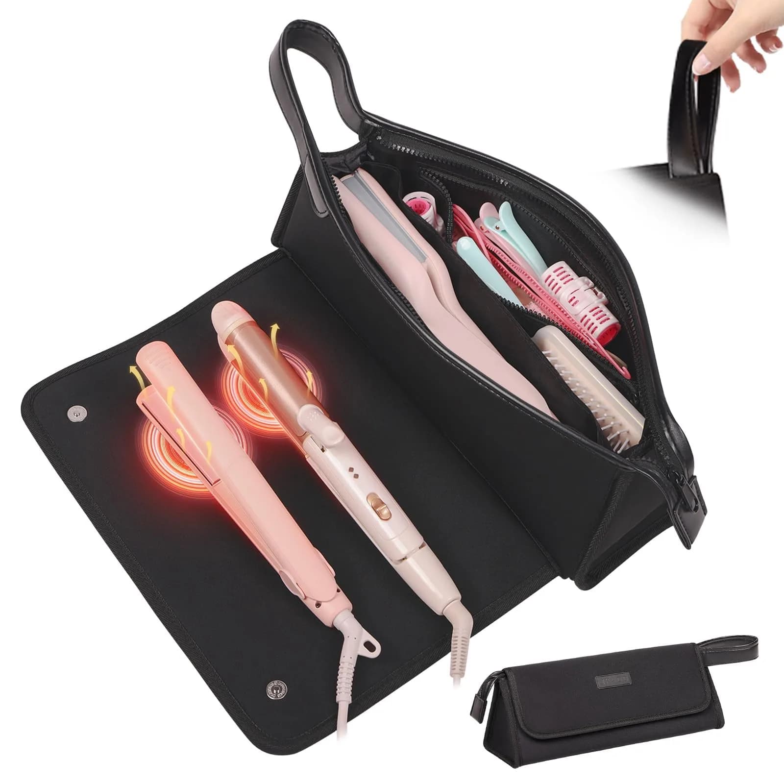 JKAOO Travel Bag & Heat Resistant Mat | 2-in-1 Hair Tool Organizer, Elegant Black, 14.2L x 3.9W x 5.1H inches - main product image