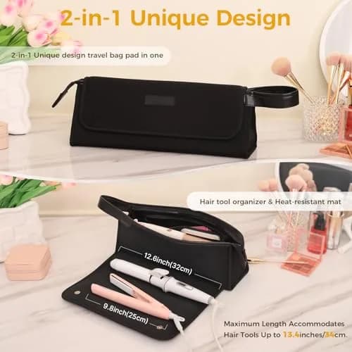 JKAOO Travel Bag & Heat Resistant Mat | 2-in-1 Hair Tool Organizer, Elegant Black, 14.2L x 3.9W x 5.1H inches thumbnail 4