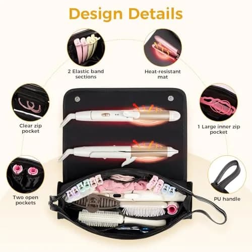 JKAOO Travel Bag & Heat Resistant Mat | 2-in-1 Hair Tool Organizer, Elegant Black, 14.2L x 3.9W x 5.1H inches thumbnail 5