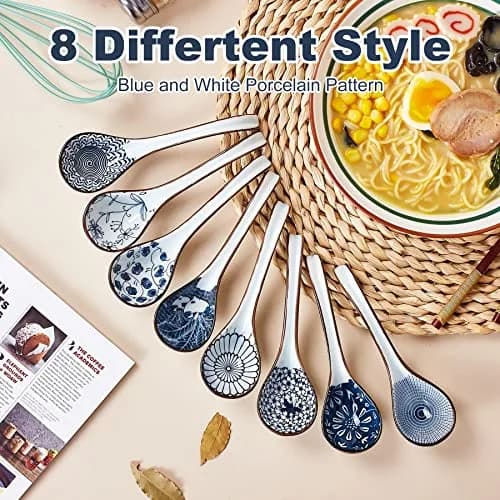 Hoilse Ceramic Asian Soup Spoons Set of 8 - Blue | 16.5cm (6.5in) Easy-Grip Long Handle thumbnail 3