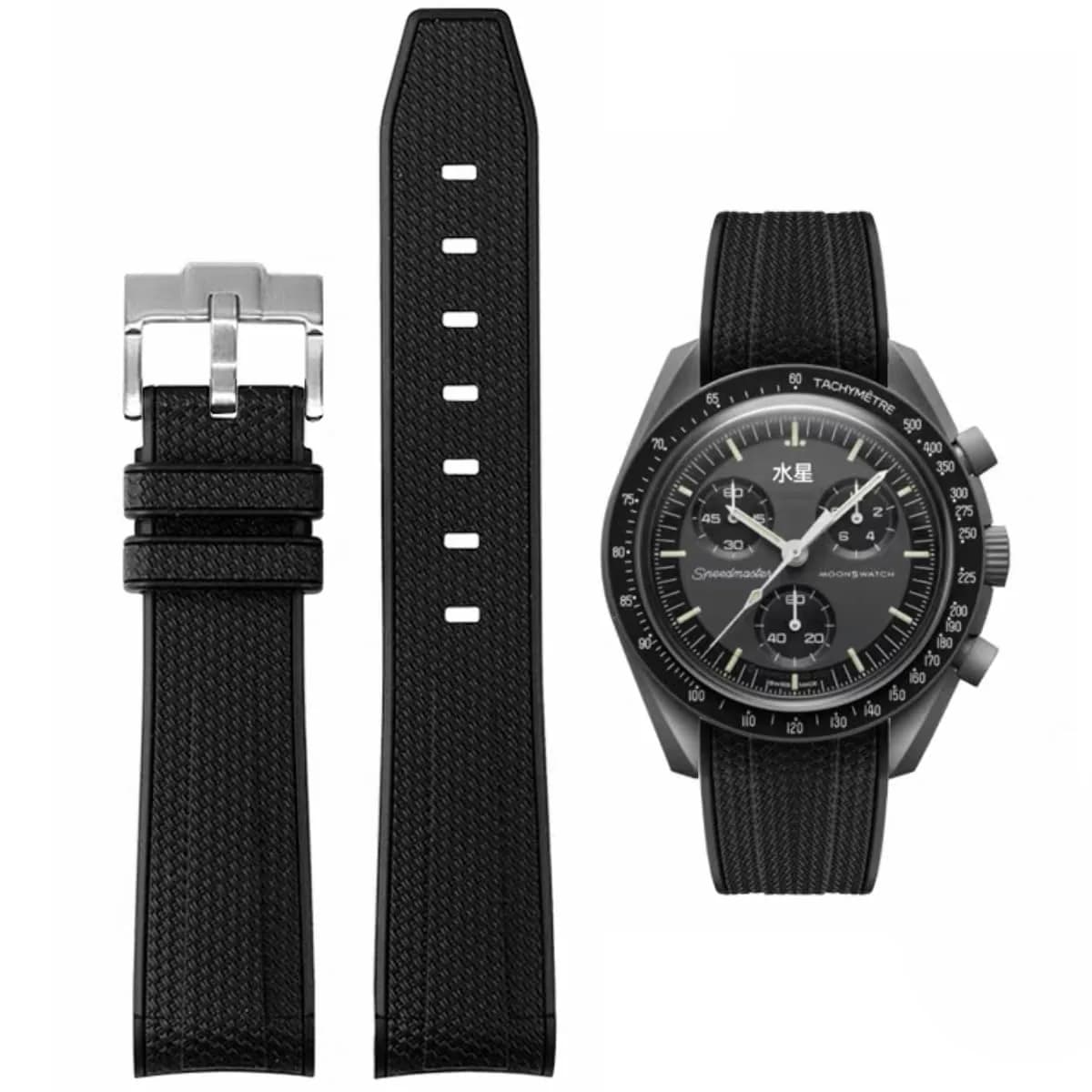 HEYOZURY Black Silicone Watch Band with Black Buckle for Omega x Swatch MoonSwatch 20mm — Black