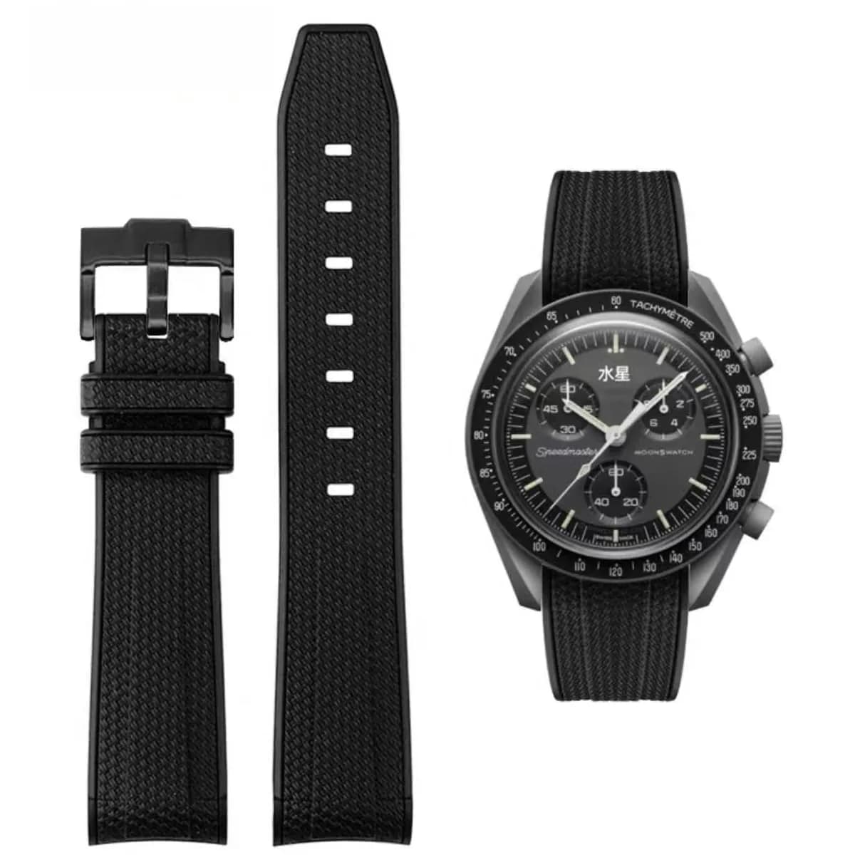 HEYOZURY Black Silicone Watch Band with Black Buckle for Omega x Swatch MoonSwatch 20mm