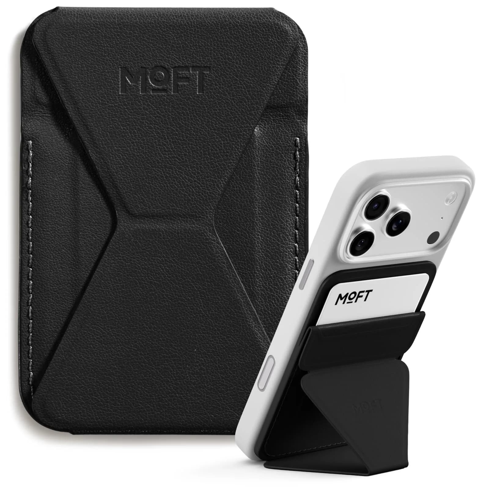 MOFT Magnetic Wallet Stand for iPhone 17/16/15/14/13/12 Series, Jet Black | MOVAS Vegan Leather, 3-Angle Stand, MagSafe Compatible