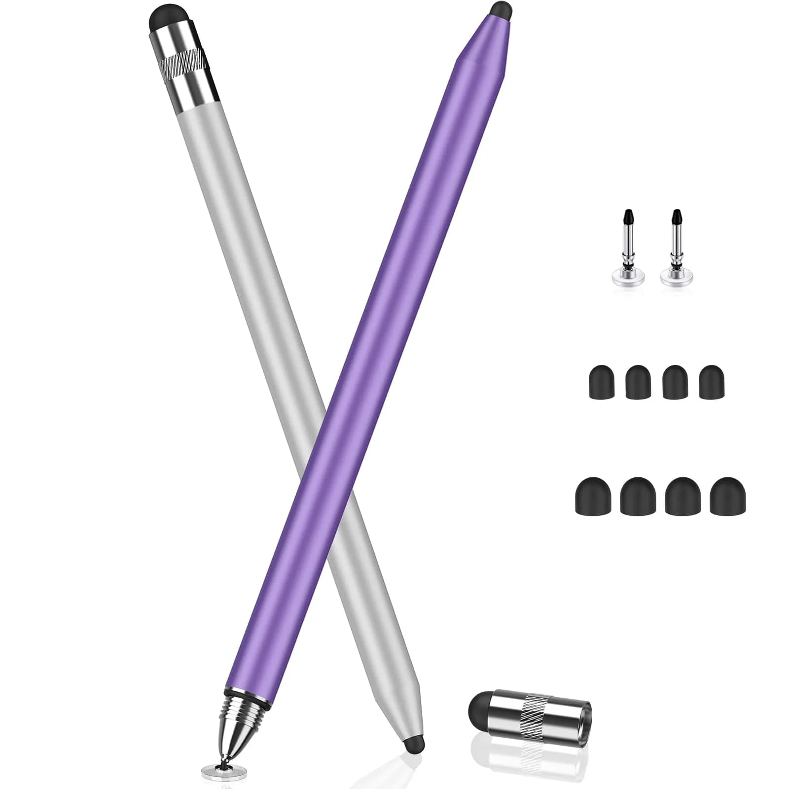 MEKO 3-in-1 Stylus Pen for Touchscreens, 2-Pack Silver/Purple | Universal iPad Stylus with Disc Tip & Rubber Nibs