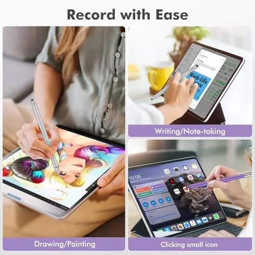 MEKO 3-in-1 Stylus Pen for Touchscreens, 2-Pack Silver/Purple | Universal iPad Stylus with Disc Tip & Rubber Nibs thumbnail 6
