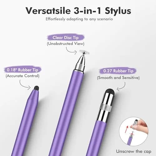 MEKO 3-in-1 Stylus Pen for Touchscreens, 2-Pack Silver/Purple | Universal iPad Stylus with Disc Tip & Rubber Nibs thumbnail 2