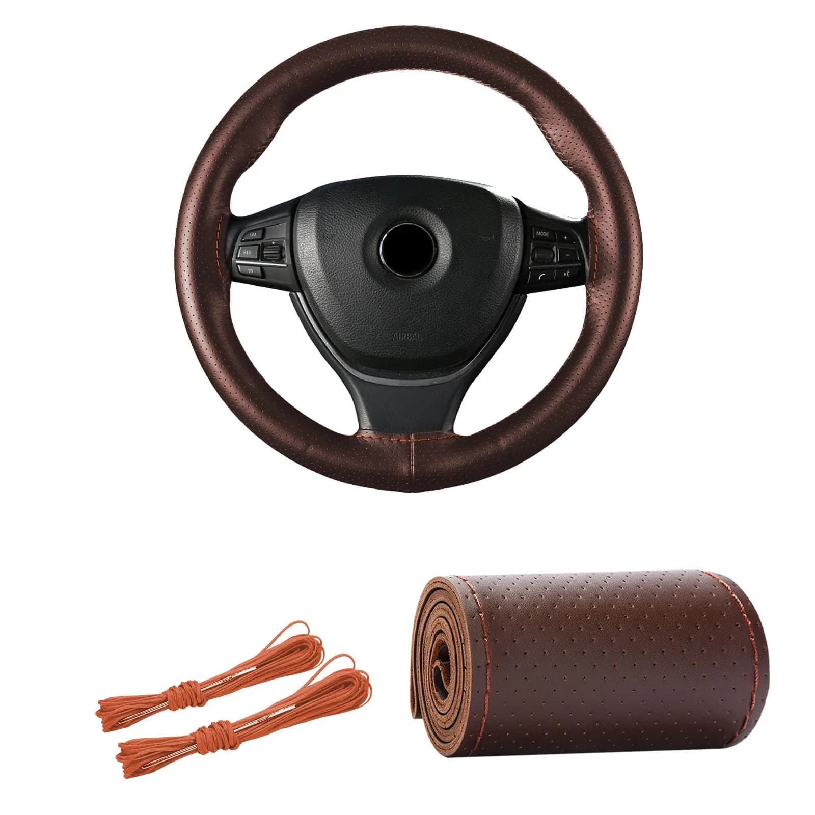 Kewucn Genuine Leather Steering Wheel Cover 15" | Breathable, Anti-Slip DIY Stitch (Coffee, Full Hole)