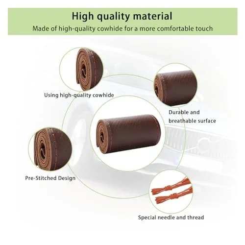 Kewucn Genuine Leather Steering Wheel Cover 15" | Breathable, Anti-Slip DIY Stitch (Coffee, Full Hole) thumbnail 3