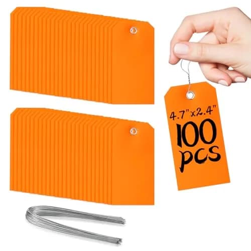 XUWAIDSGN 100 Pcs Rectangle Plastic Hang Tags Waterproof Orange Labels 4 3/4" x 2 3/8" | Weatherproof Tie-On Labels thumbnail 1