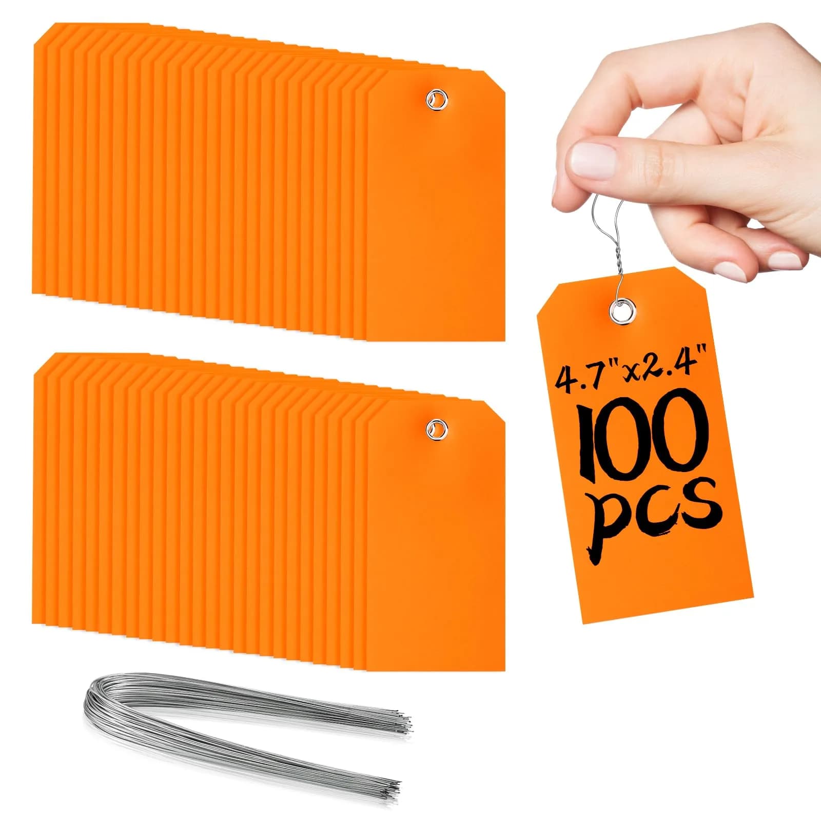 XUWAIDSGN 100 Pcs Rectangle Plastic Hang Tags Waterproof Orange Labels 4 3/4" x 2 3/8" | Weatherproof Tie-On Labels