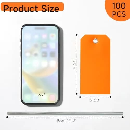 XUWAIDSGN 100 Pcs Rectangle Plastic Hang Tags Waterproof Orange Labels 4 3/4" x 2 3/8" | Weatherproof Tie-On Labels thumbnail 2