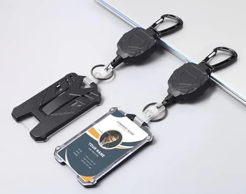 COOKOOKY Heavy Duty Retractable Badge Holder Clip with Carabiner & Lanyard, 2-Pack Black | Strong Stainless Steel Cord thumbnail 2