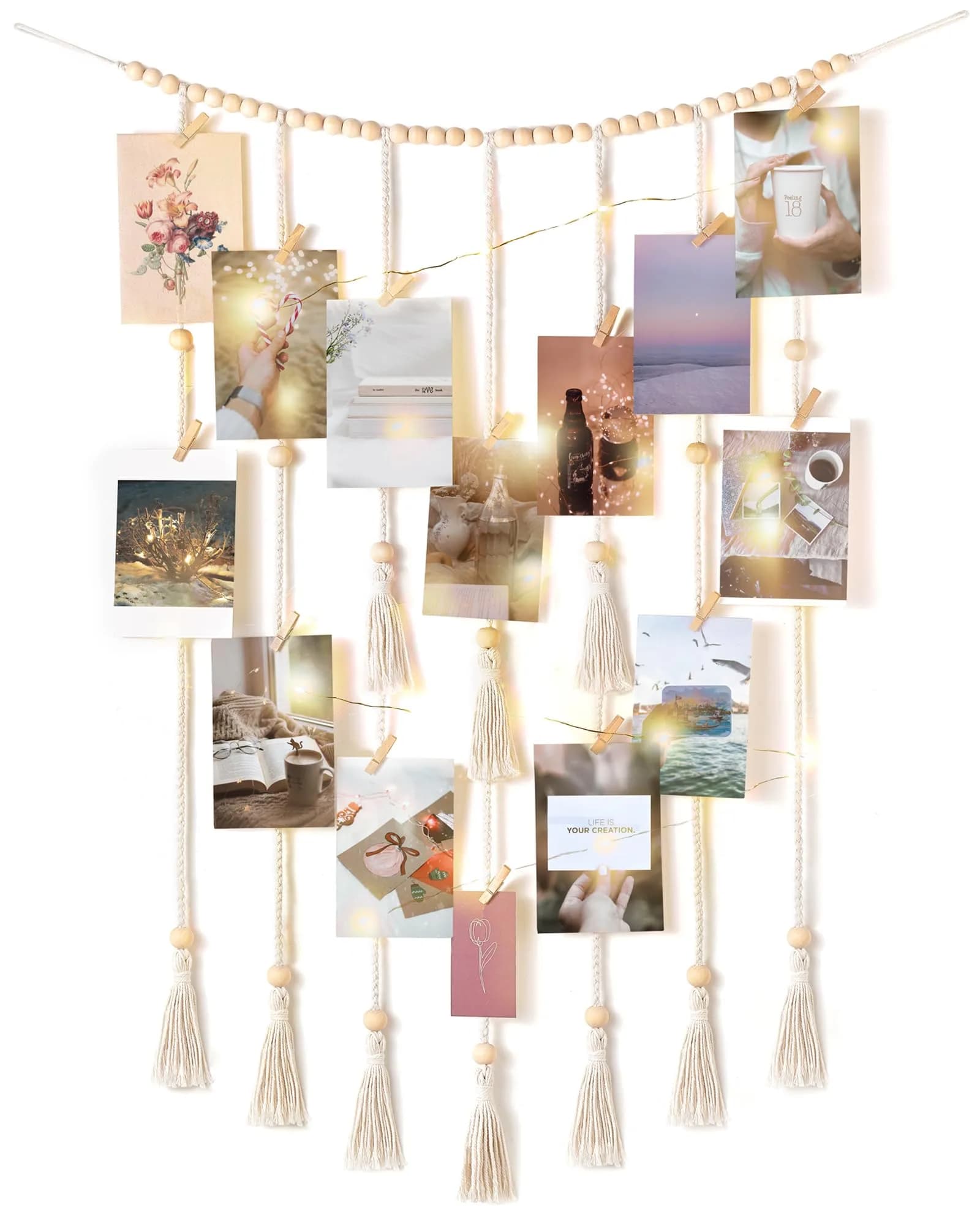 Mkono Hanging Photo Display, Boho Decor with String Lights, 30 Wood Clips | Bohemian Wall Art for Bedroom & Living Room