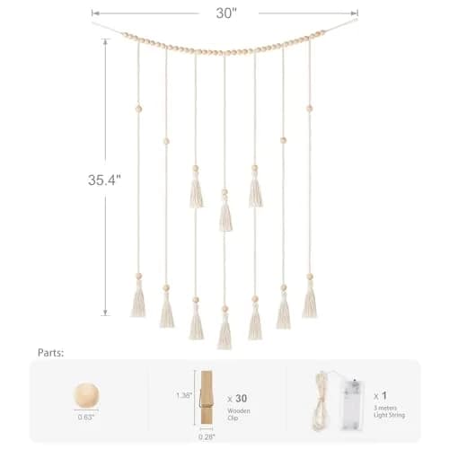 Mkono Hanging Photo Display, Boho Decor with String Lights, 30 Wood Clips | Bohemian Wall Art for Bedroom & Living Room thumbnail 7
