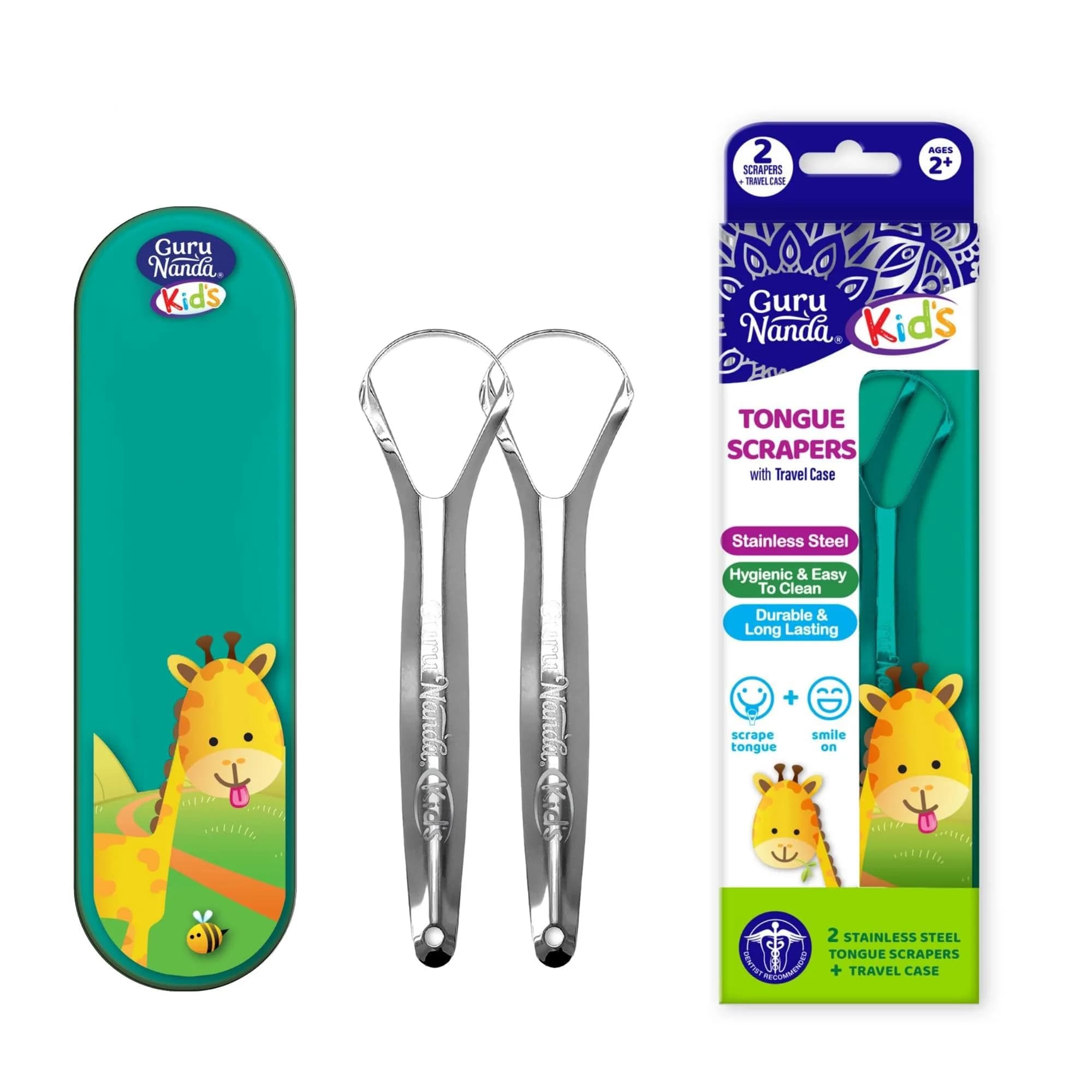 GuruNanda Kids Tongue Scraper 2-Pack | Stainless Steel, Travel Case, Kid-Friendly Design - main product image