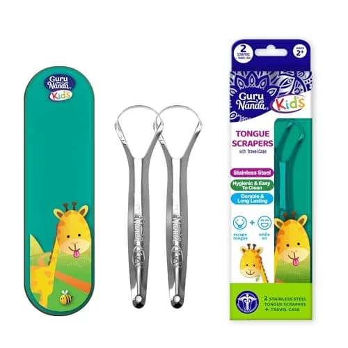 GuruNanda Kids Tongue Scraper 2-Pack | Stainless Steel, Travel Case, Kid-Friendly Design thumbnail 1