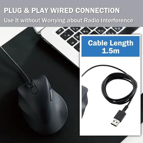 ELECOM EX-G Left Hand Wired USB Ergonomic Mouse, Silent Click, 2000DPI, 5 Buttons, BlueLED Sensor, M-XGM31UBSKBK thumbnail 9