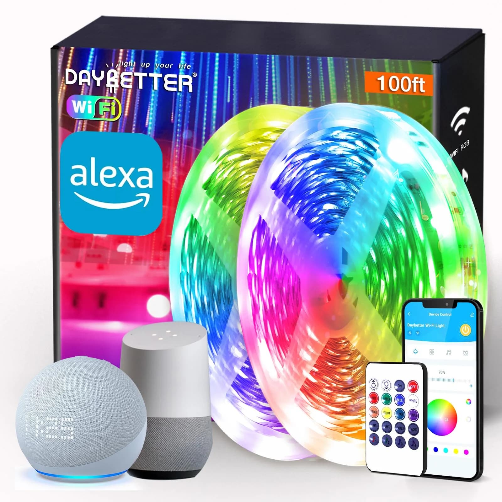 DAYBETTER Smart WiFi LED Strip Lights 100ft (30.48m) | Voice Control with Alexa & Google Assistant - main product image