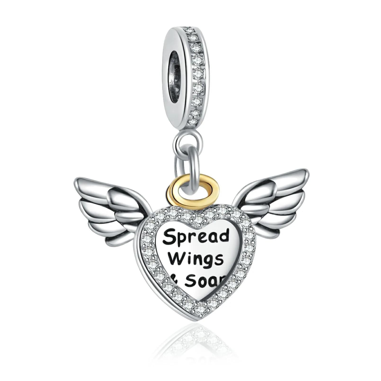 NARTGO Spread Wings and Soar Angel Heart Charm with Lobster Clasp, Silver Plated Copper, 4.5mm-5.0mm Hole Diameter | Compatible with Pandora Bracelets