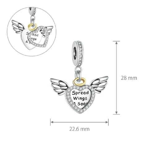 NARTGO Spread Wings and Soar Angel Heart Charm with Lobster Clasp, Silver Plated Copper, 4.5mm-5.0mm Hole Diameter | Compatible with Pandora Bracelets thumbnail 3