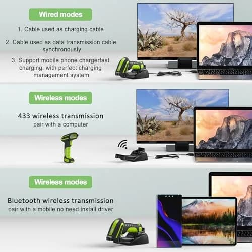 Symcode Bluetooth 2D QR Barcode Scanner with Stand | Waterproof & Dustproof, 30H Battery, Wireless & Wired Connectivity thumbnail 3