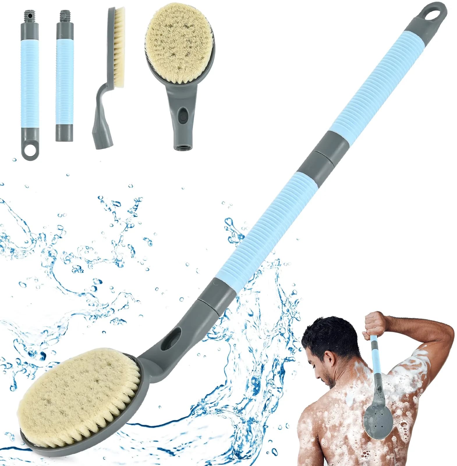 BTideas Detachable Back Bath Brush with Long Handle for Shower, 55cm (21.7") Black | Exfoliates & Cleans Hard-to-Reach Areas — 21.7” Grey