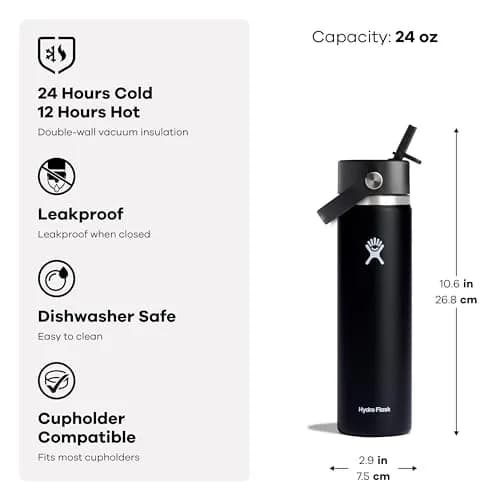 Hydro Flask Wide Mouth Water Bottle 710ml (24 Oz) with Flex Straw Cap | Insulated Stainless Steel for 24 Hours Cold thumbnail 5