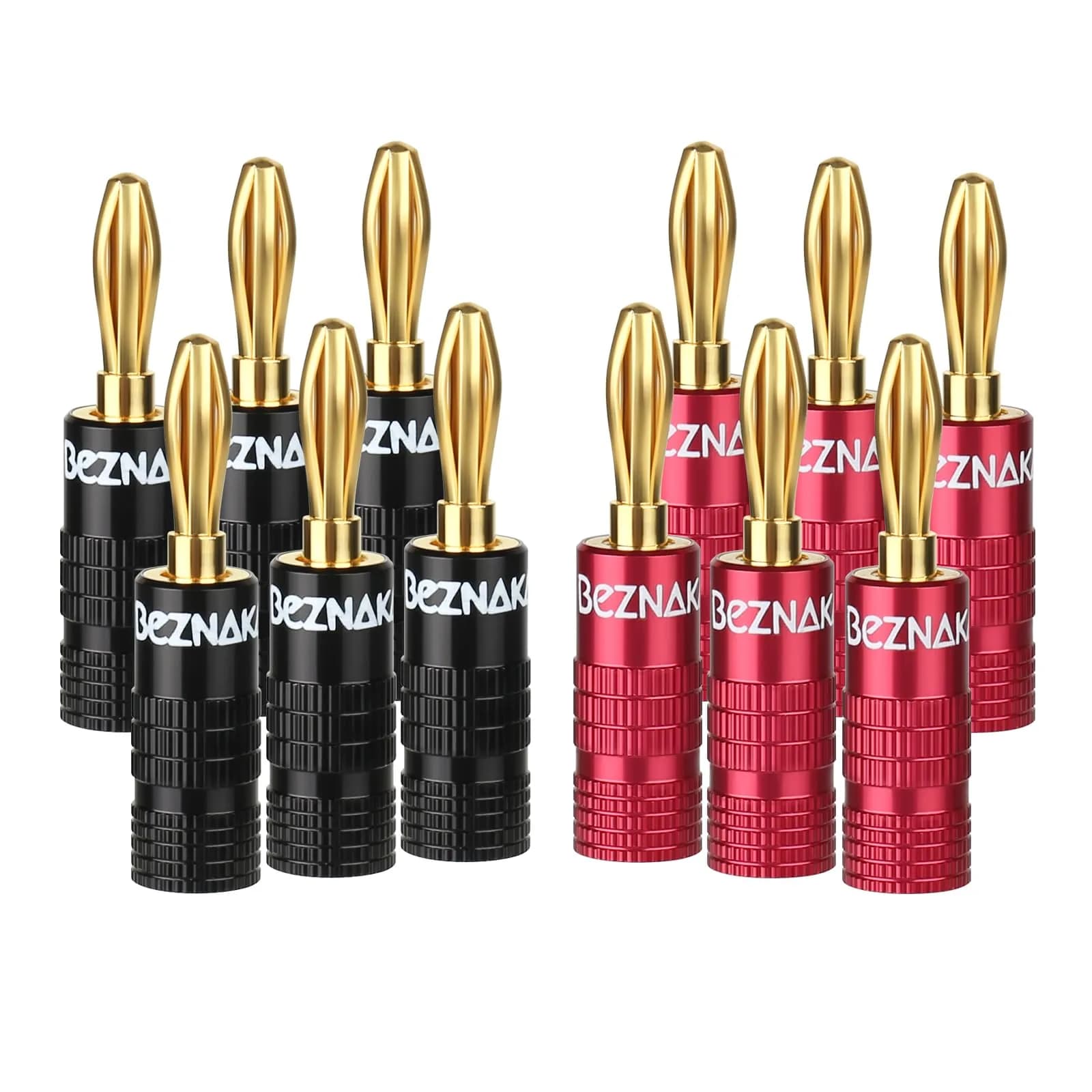 Beznaka Banana Plugs with Dual Set Screws, Black and Red Aluminum Shell, 12-Pack | Gold-Plated Brass Contacts for Pristine Audio