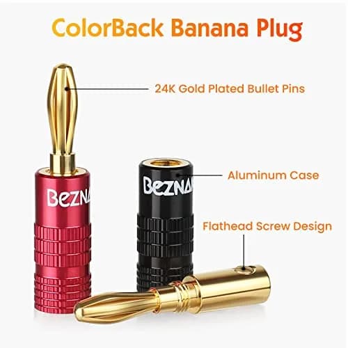 Beznaka Banana Plugs with Dual Set Screws, Black and Red Aluminum Shell, 12-Pack | Gold-Plated Brass Contacts for Pristine Audio thumbnail 2