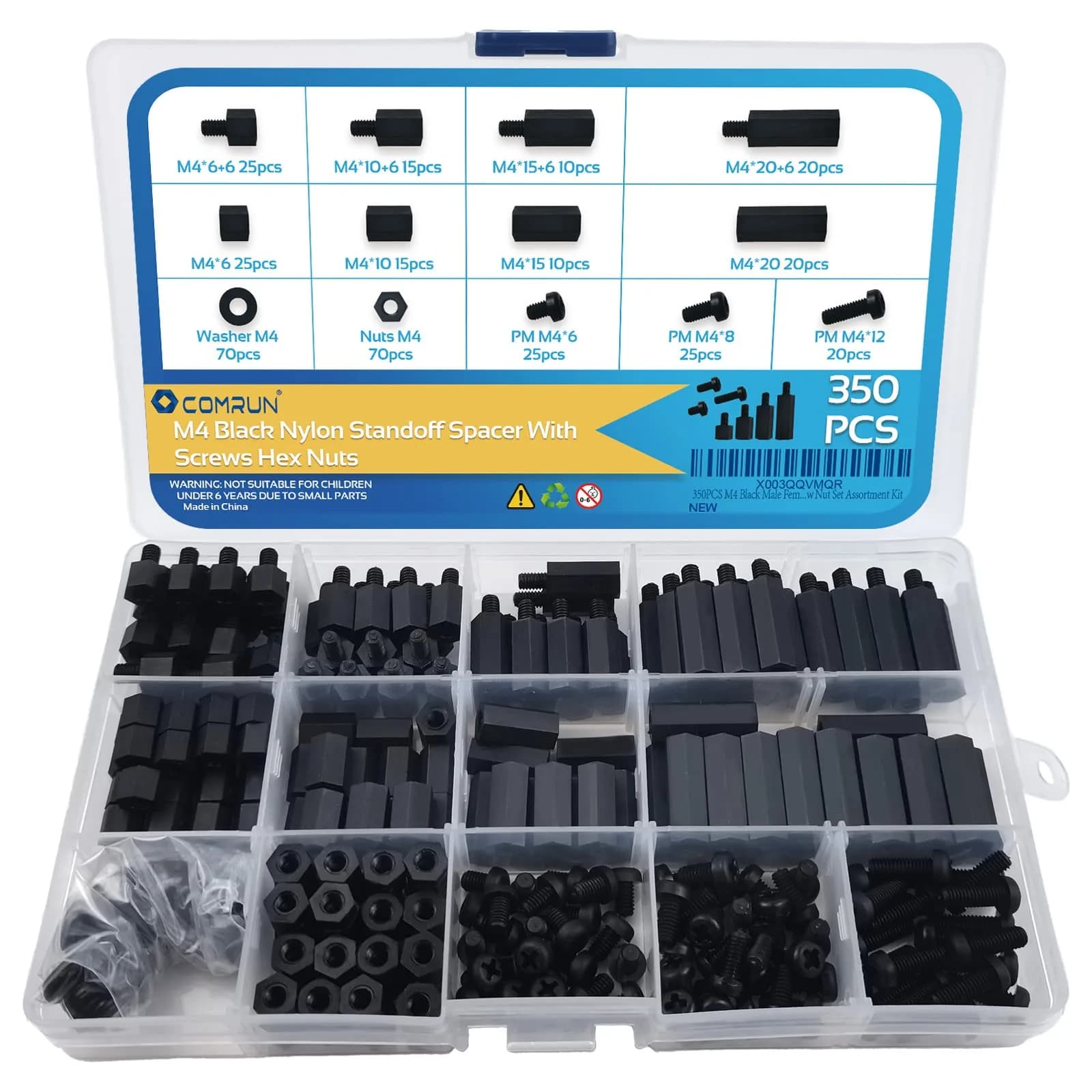 COMRUN M2.5 Black Nylon Hex Spacer Standoff Screw Nut Set Assortment Kit 350PCS | For PCB Motherboards & Raspberry Pi