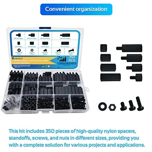 COMRUN M2.5 Black Nylon Hex Spacer Standoff Screw Nut Set Assortment Kit 350PCS | For PCB Motherboards & Raspberry Pi thumbnail 5