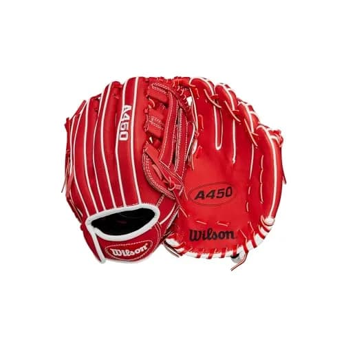 Wilson A450 11” Youth Infield Baseball Glove Left Hand Throw Red/White | Lightweight Durable Fit thumbnail 1