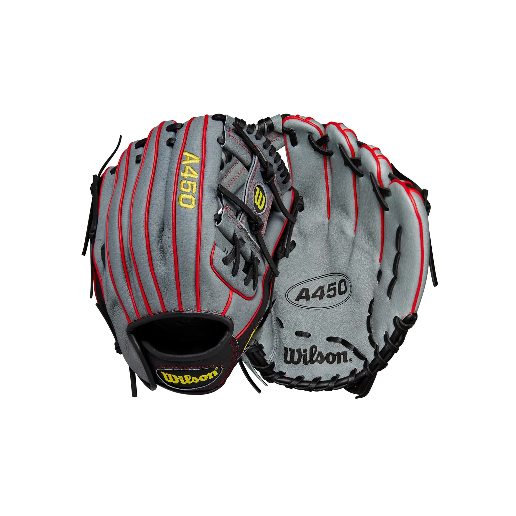Wilson A450 10.75” Youth Infield Baseball Glove - Right Hand Throw, Grey/Red/Royal | Lightweight Durability — Left Hand Throw