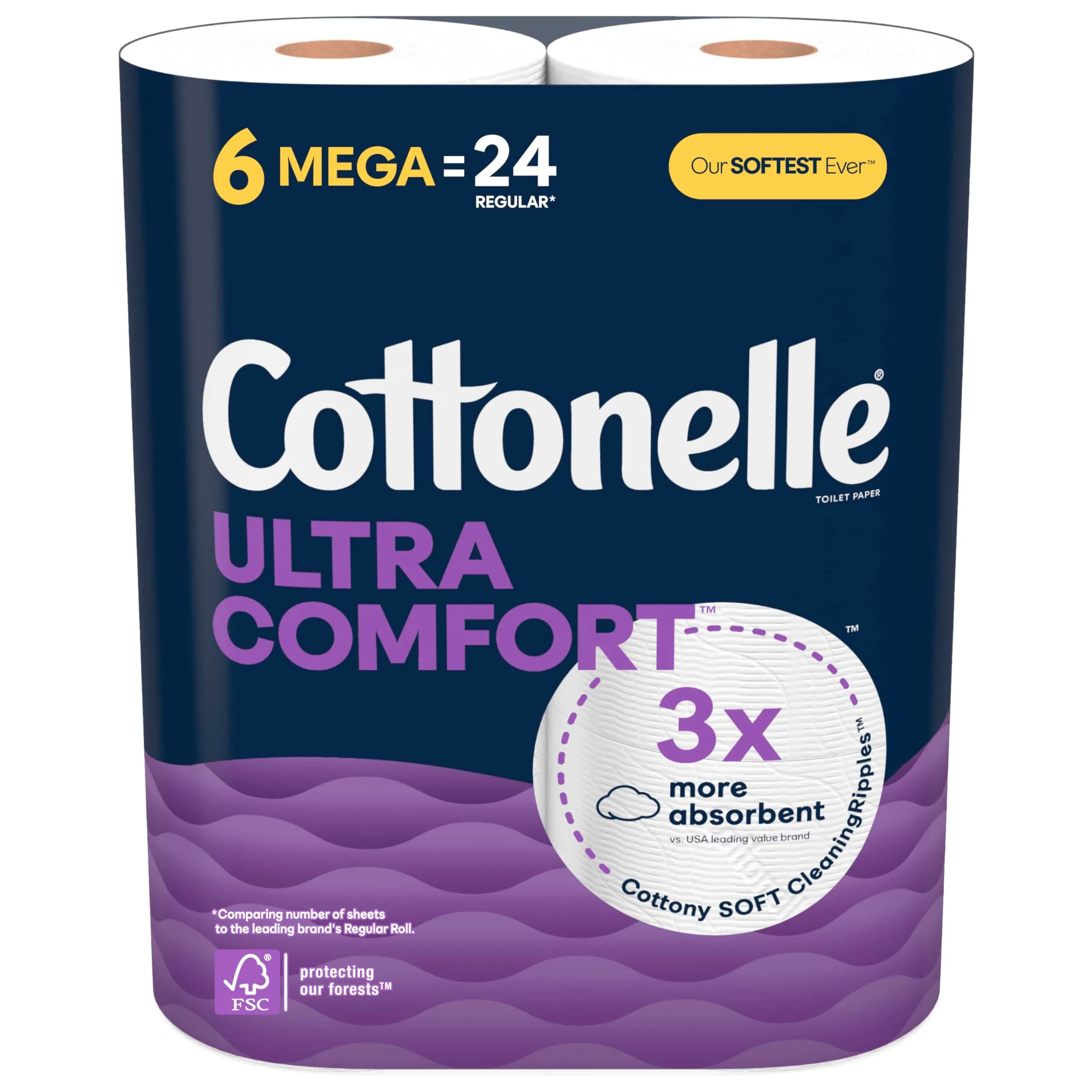 Cottonelle Ultra Soft Toilet Paper, 6 Mega Rolls (1464 Sheets Total) | 2-Ply, Unscented, Septic-Safe